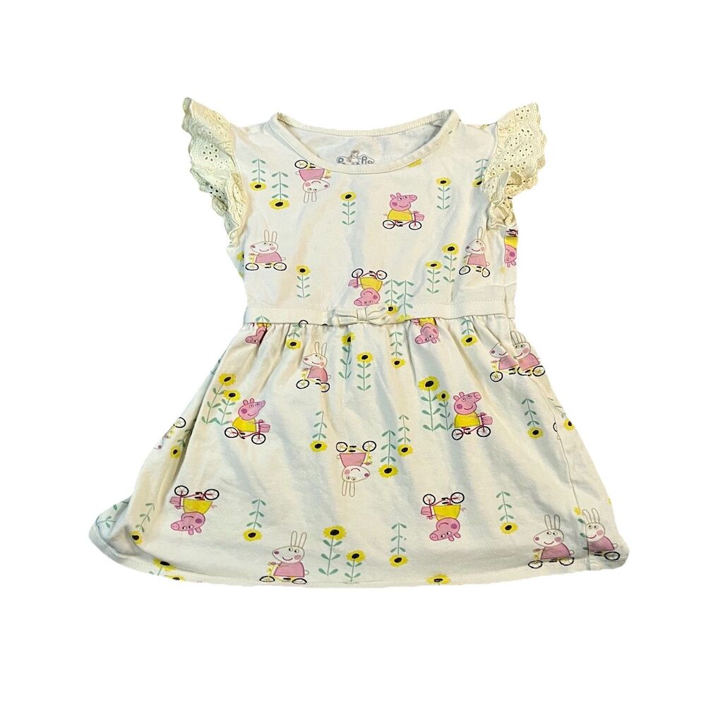 Peppa Pig 2022 Printed Graphic Logo Beige Dress Crochet Sleeves Girls Size 5T